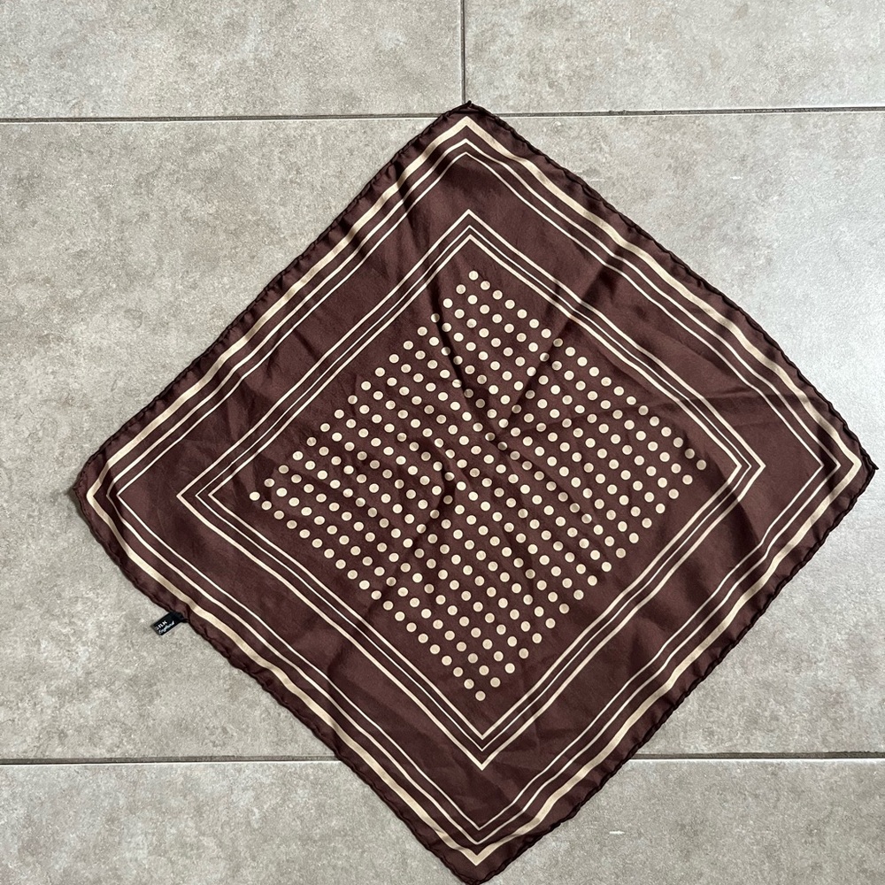 Made In England 100% Silk Bandana Scarf Brown Cream Polkadots 
Approx 16”x16”